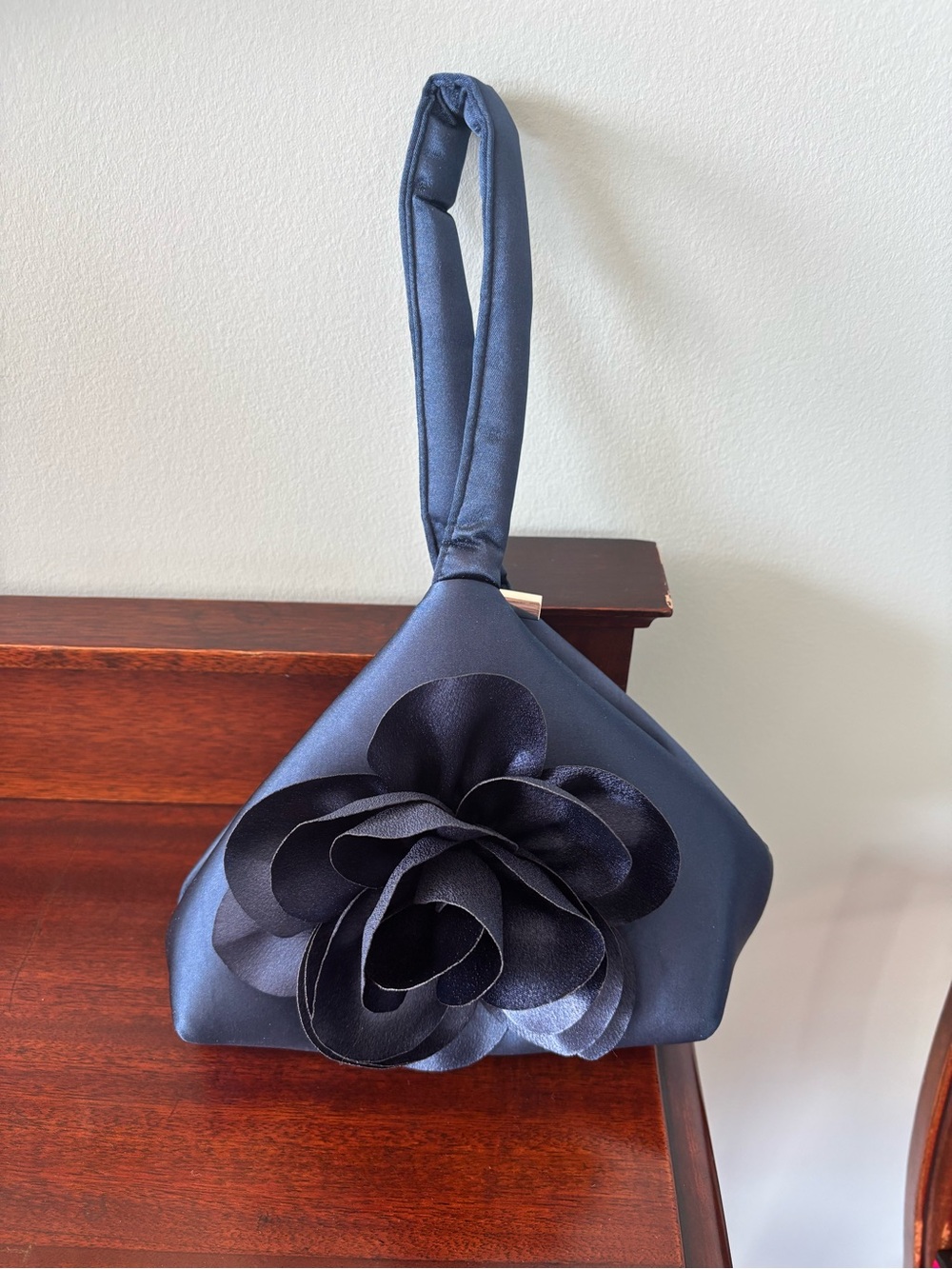 Navy Satin Wristlet Clutch with Floral Applique